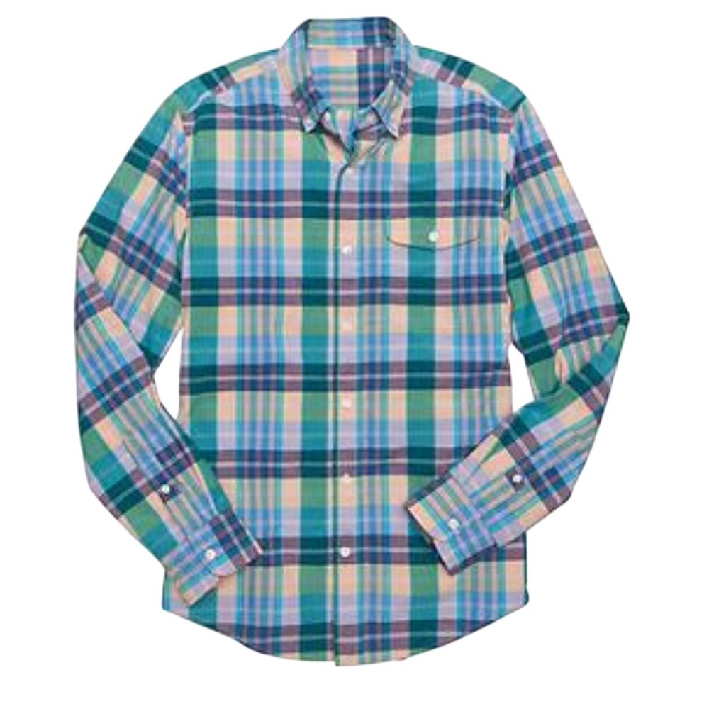 Gap Mens Slim Fit Plaid Button Down Shirt Large Blue Green Peach Long Sleeve‎
